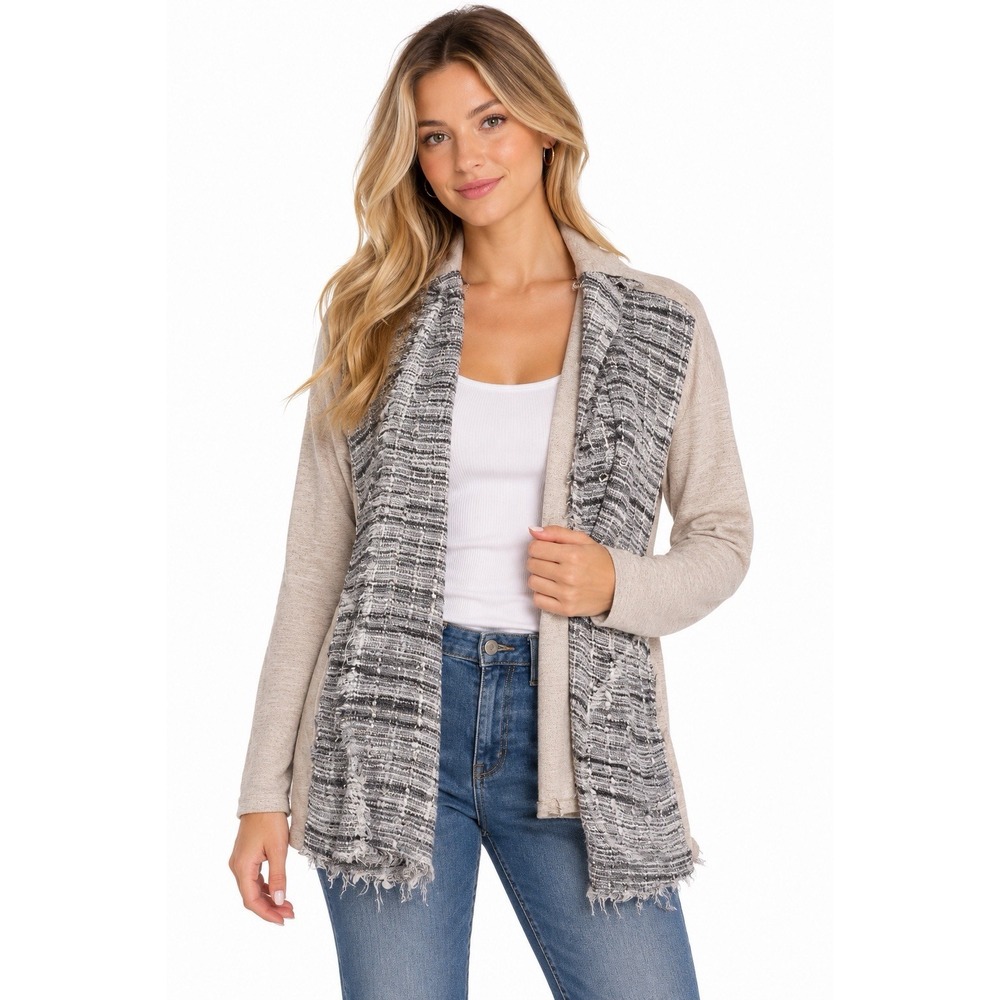 Dolan Anthropologie Mixed Tweed Open Front Cardigan Jacket Raw Edge Fringe S